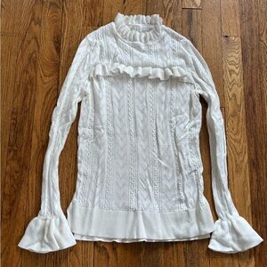 White Cable Knit Sweater with Ruffle Details